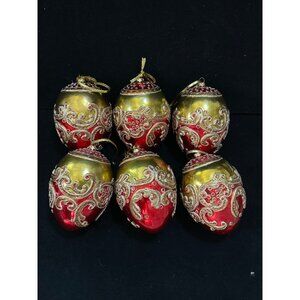 VTG Set of 6 Blown Glass Egg Shaped Red Gold Embossed Christmas Ornaments 5.5”